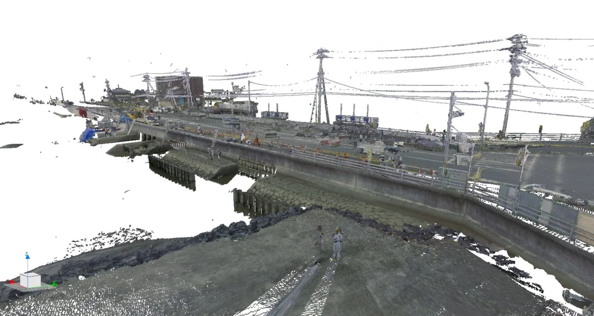 川沿いの高架道路と橋の3D点群データ画像