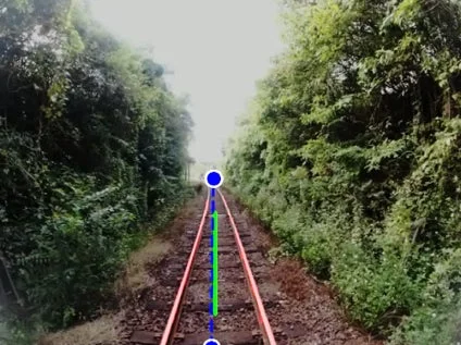 鉄道の線路に測定を示す青い点と線が重ねて表示されている画像