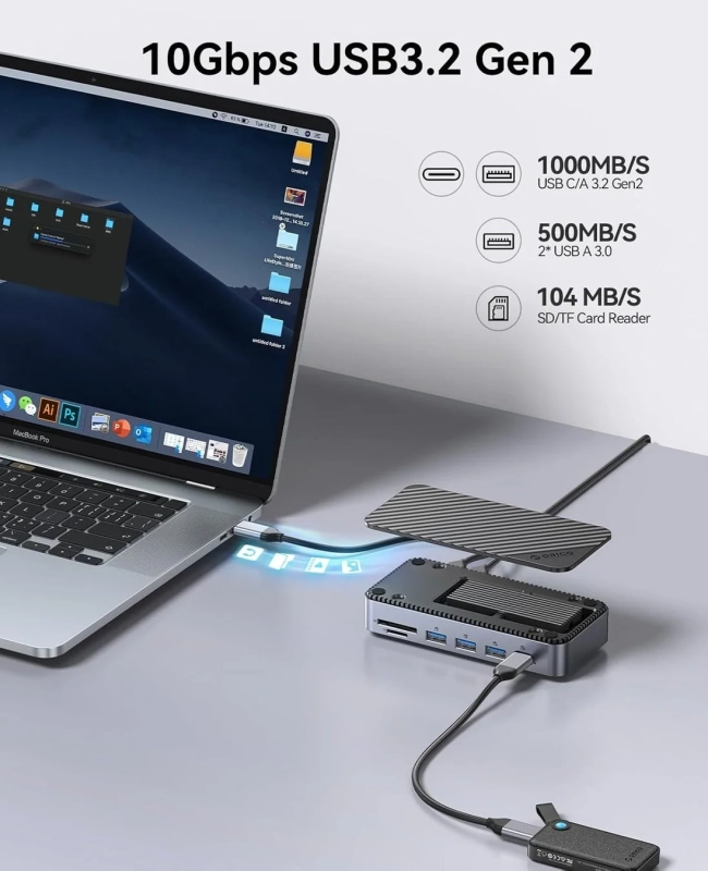MacBook Proに接続されたUSBハブと高速データ転送のイメージ