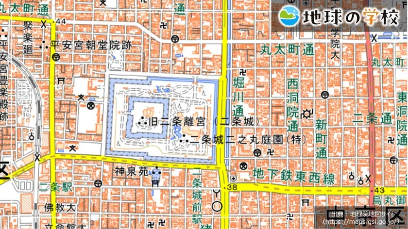 地図,京都,二条城,平安宮,史跡,道路,地下鉄,観光,日本,地理院地図