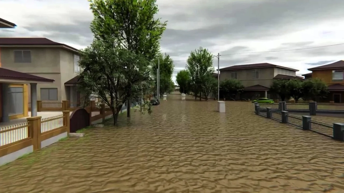 住宅街の道路が茶色い水で広範囲にわたって浸水している様子