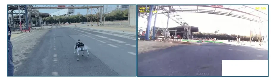 走行中の四足歩行ロボットとロボットが取得した映像