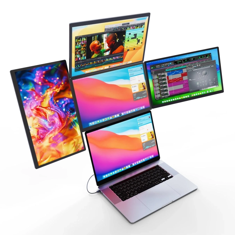 ノートパソコンに複数のポータブルモニターを接続し、クアッドディスプレイ環境を構築している様子
