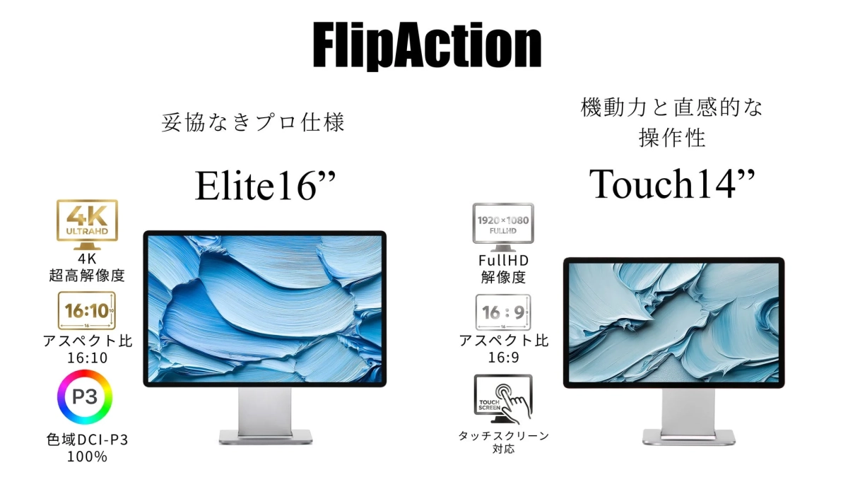FlipActionの2種類のディスプレイ「Elite16」と「Touch14」の比較