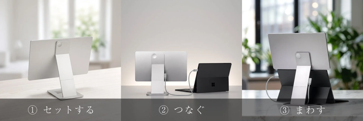 デバイスをスタンドにセットし、接続し、回転させる3つのステップを示す