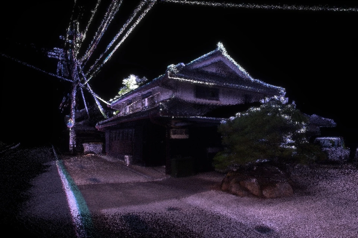 夜の伝統的な日本家屋が点群データで描かれた画像