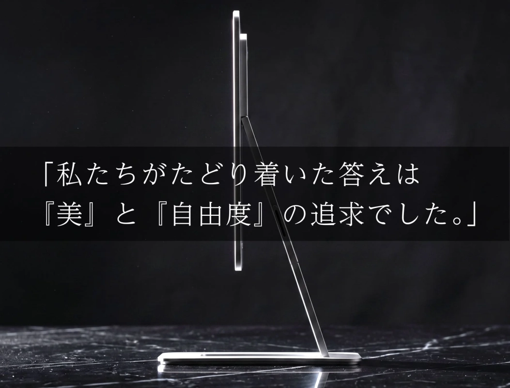 薄型ディスプレイが「美」と「自由度」の追求というメッセージとともに写っている