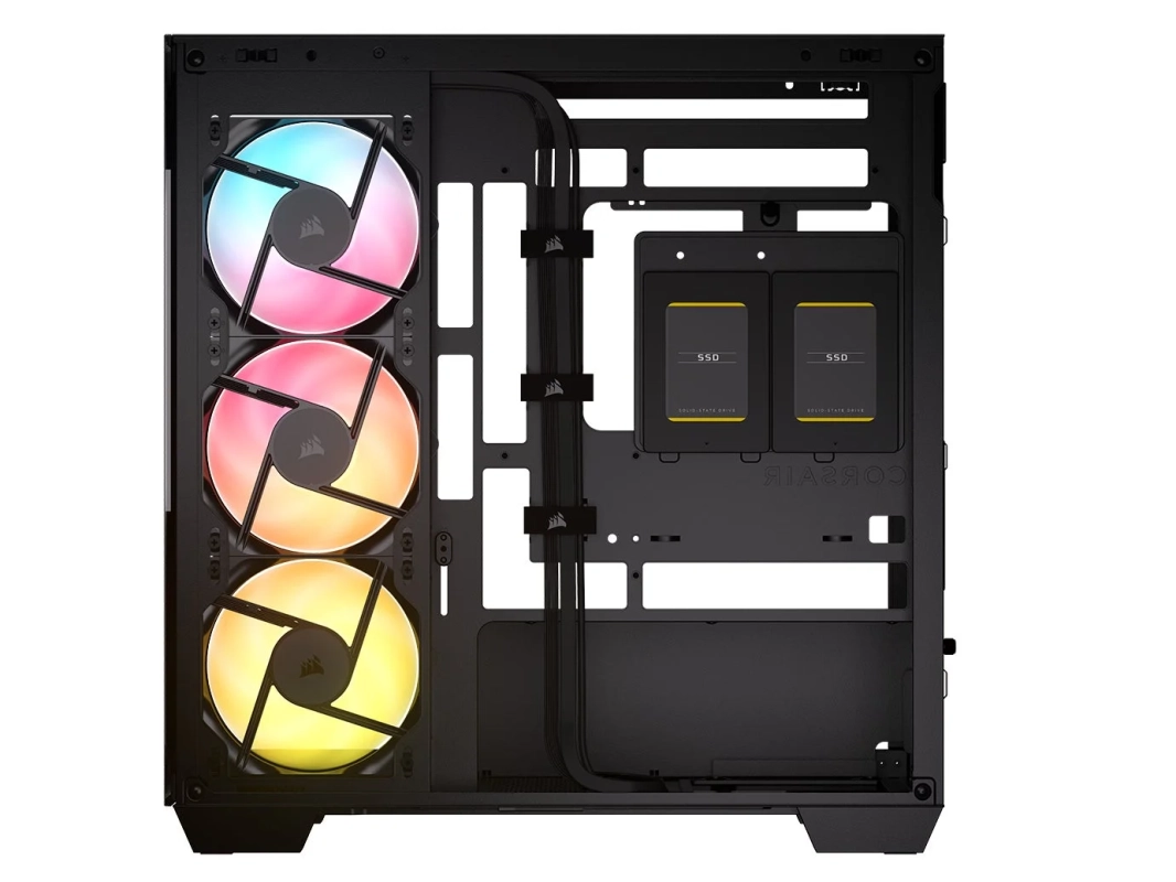 黒いPCケース内部のRGBファンとSSD
