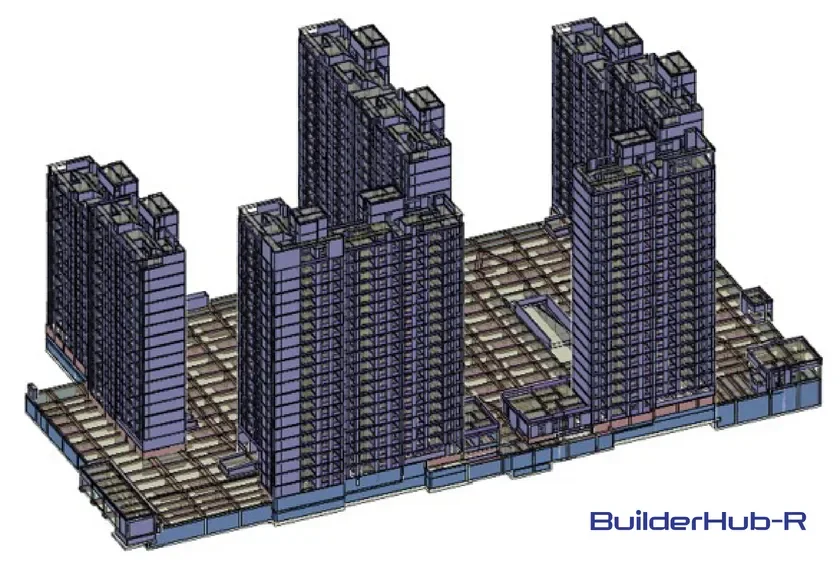 複数の高層ビルが低層部で連結された大規模な建築物の3Dモデル画像