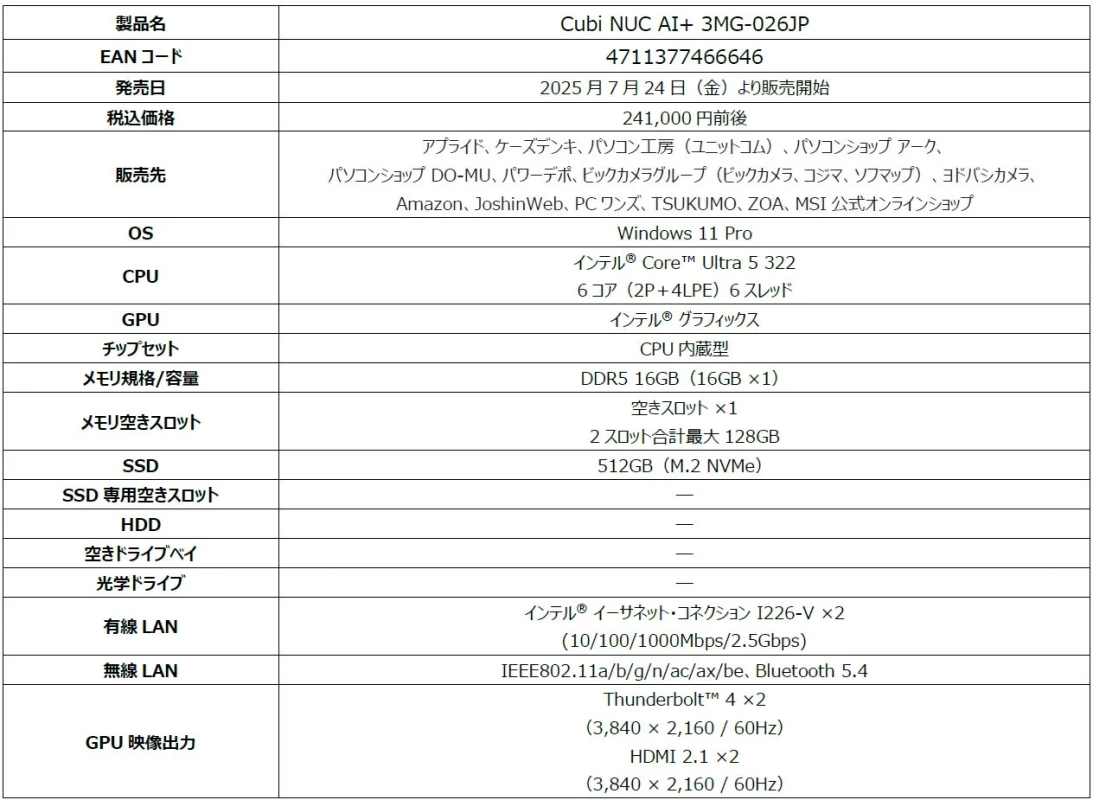 Cubi NUC AI+ 3MG-026JPのスペック