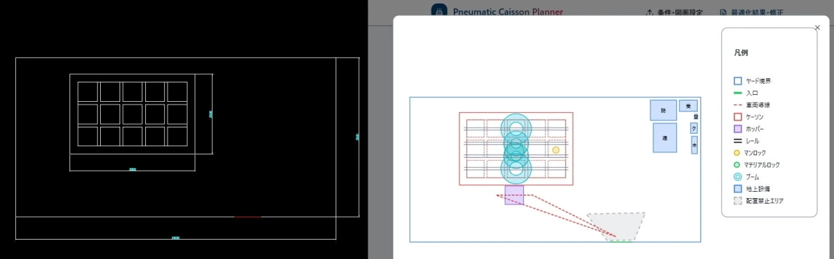 Pneumatic Caisson Plannerの工事計画図と凡例