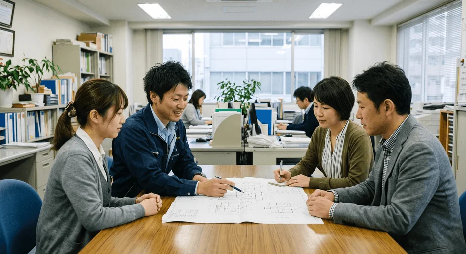 オフィスで4人のビジネスパーソンが設計図を囲んで熱心に議論している様子です。男性が図面を指し示しながら説明し、他のメンバーも真剣な表情で耳を傾けたりメモを取ったりしています。