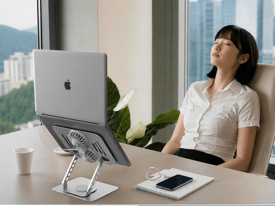 女性がMacBookをスタンドで使用