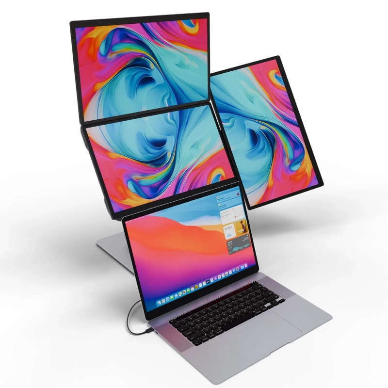 MacBook Proが3台の外部モニターに接続されたマルチディスプレイ環境