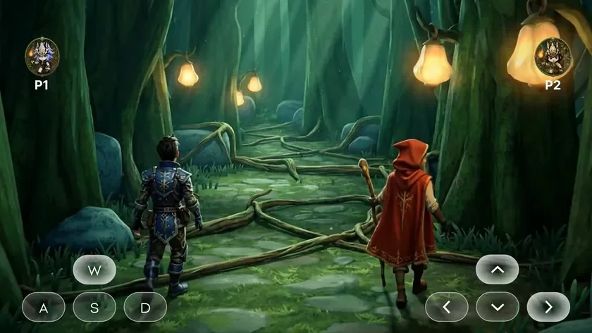 幻想的な森の中を2人のプレイヤーキャラクターが進むゲーム画面
