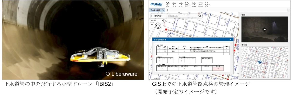 下水道管の中を飛行する小型ドローン「IBIS2」とGIS上での下水道管路点検の管理イメージ
