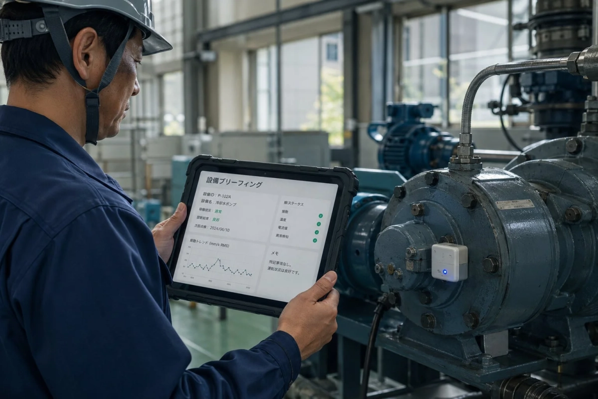 工場内でタブレットを操作する作業員