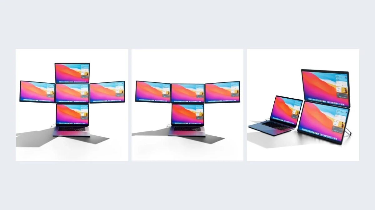 ノートパソコンとポータブルモニターを使用した、様々なマルチディスプレイ構成が3種類紹介されています。