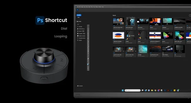 Photoshopの作業画面と、Photoshopのショートカット操作に特化したダイヤルコントローラー