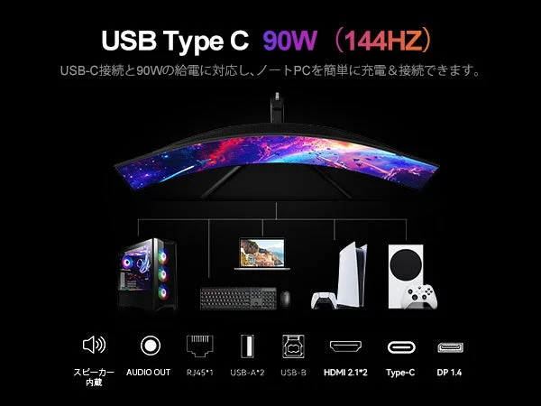 USB Type C 90W接続と豊富なポート