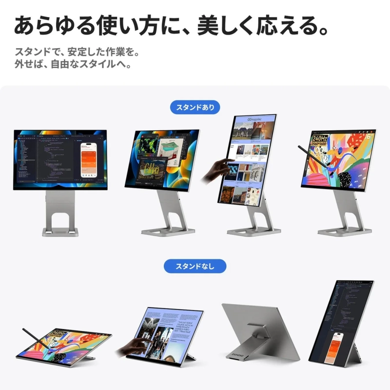 スタンドの有無で多様な使い方ができるポータブルモニター