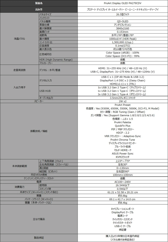 ProArt Display OLED PA279CDVの製品仕様