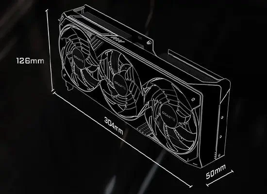 GIGABYTE製グラフィックボードの寸法を示す線画イラストです。