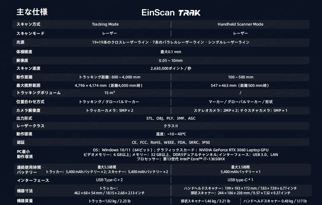 EinScan TRAK 主な仕様
