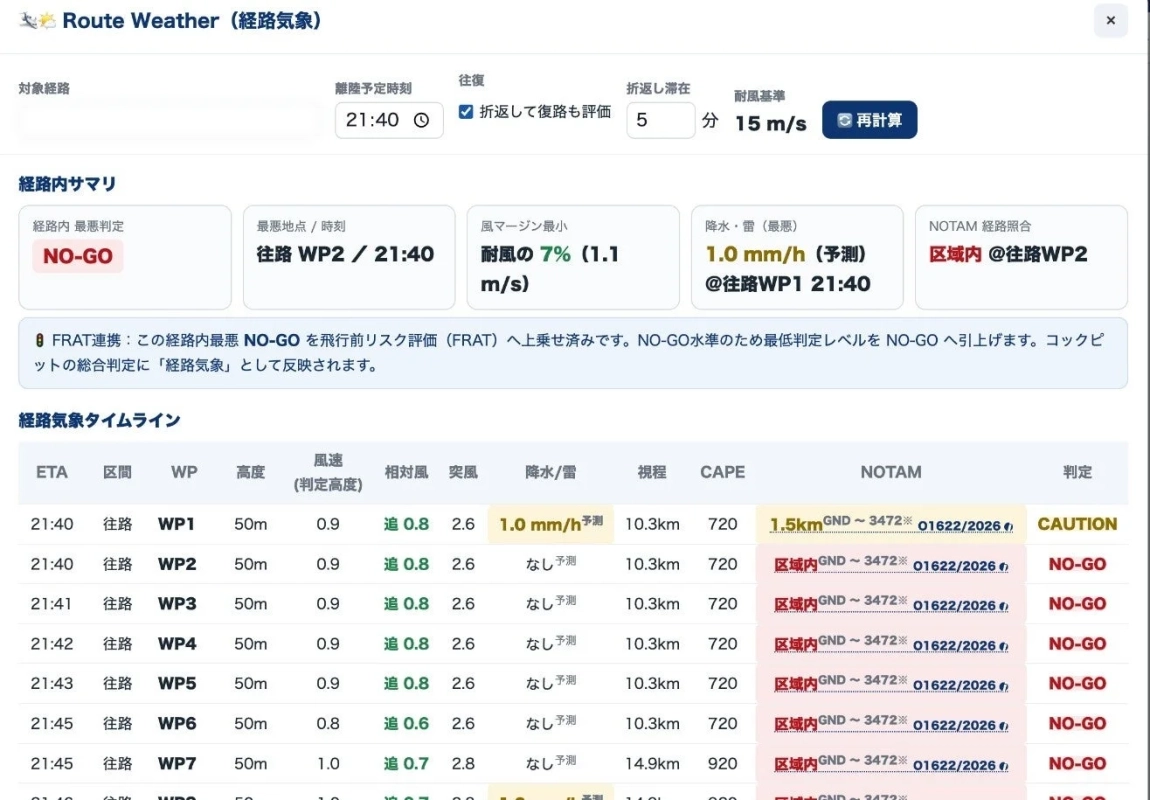 経路気象とフライトリスク評価画面