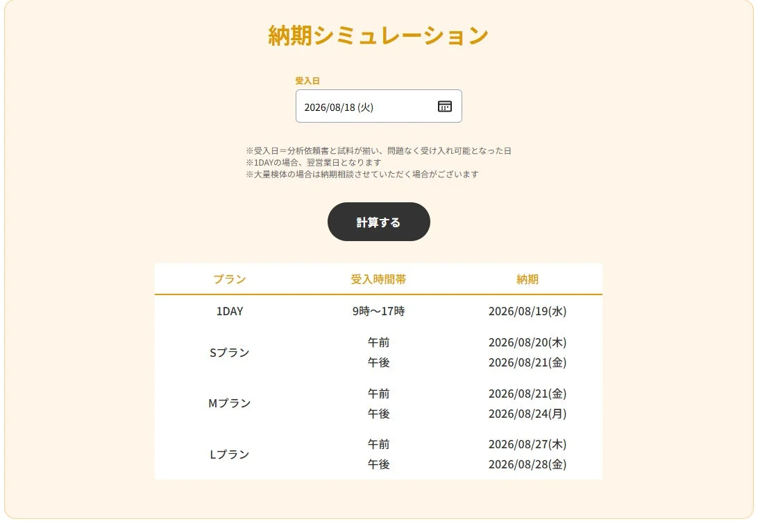 納期シミュレーション 受入日 2026/08/18 (火) ※受入日=分析依頼書と試料が揃い、問題なく受け入れ可能となった日 ※1DAYの場合、翌営業日となります ※大量検体の場合は納期相談させていただきます場合がございます 計算する プラン 受入時間帯 納期 1DAY 9時~17時 2026/08/19(水) Sプラン 午前 2026/08/20(木) 午後 2026/08/21(金) Mプラン 午前 2026/08/21(金) 午後 2026/08/24(月) Lプラン 午前 2026/08/27(木) 午後 2026/08/28(金)