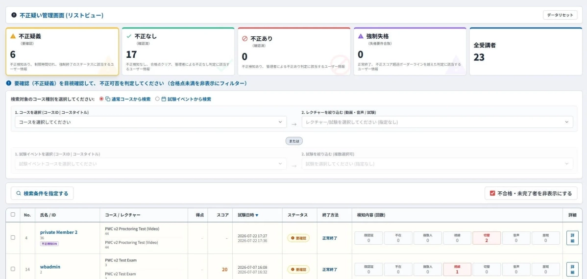 不正検知管理画面