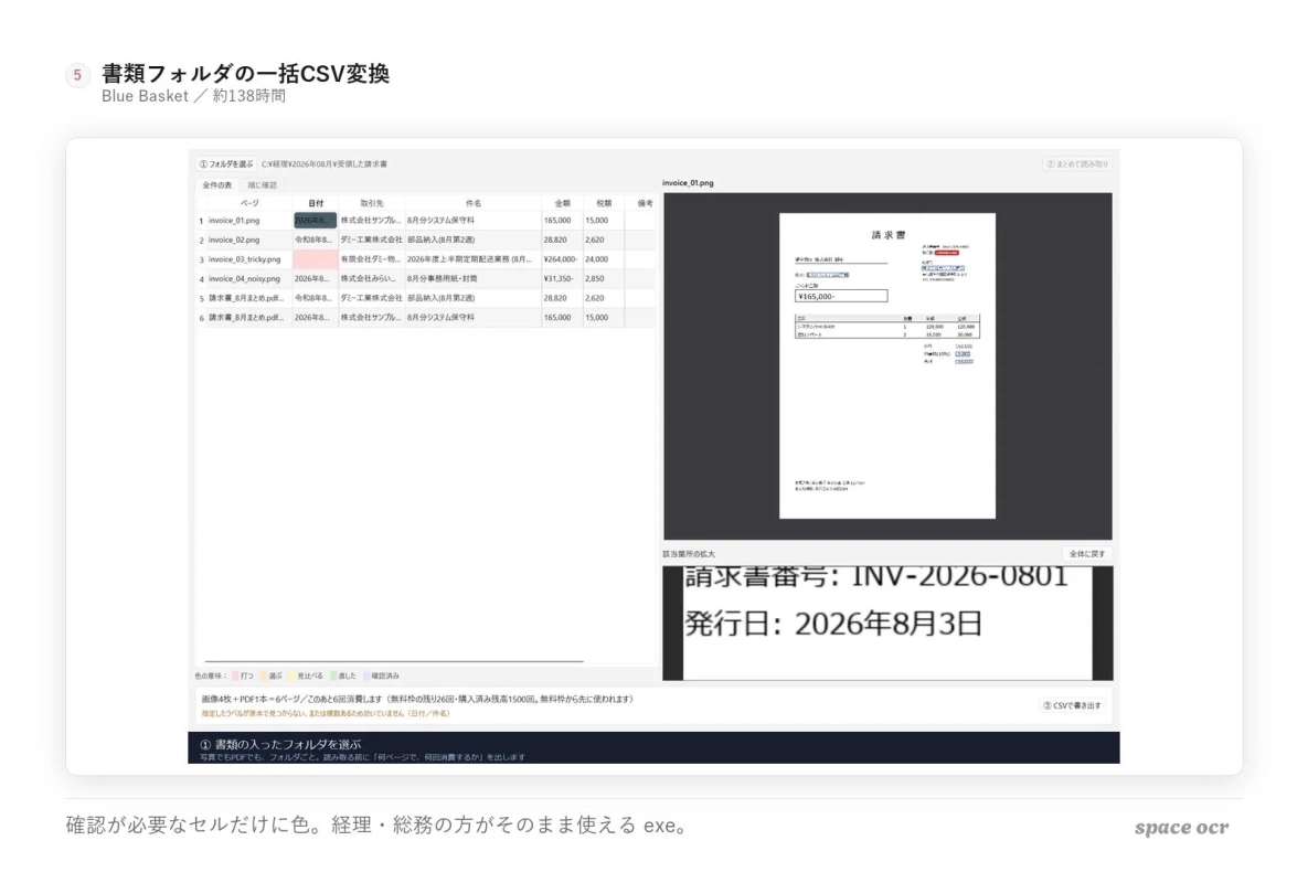 書類フォルダの一括CSV変換システムの画面