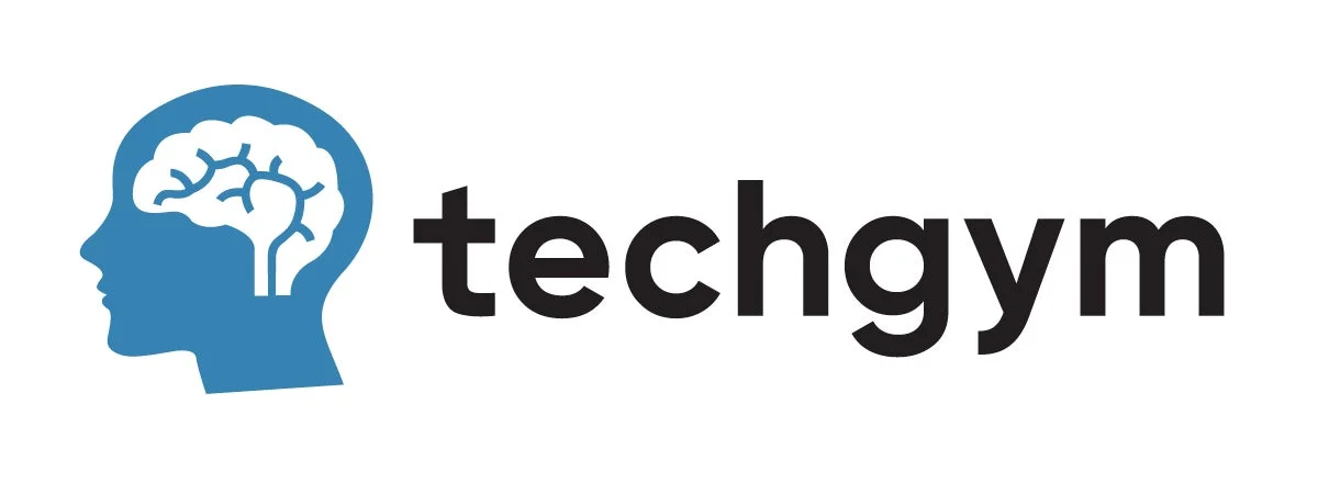 青い人間の頭部のシルエットと白い脳のイラスト、そして「techgym」というテキストが描かれたロゴマーク