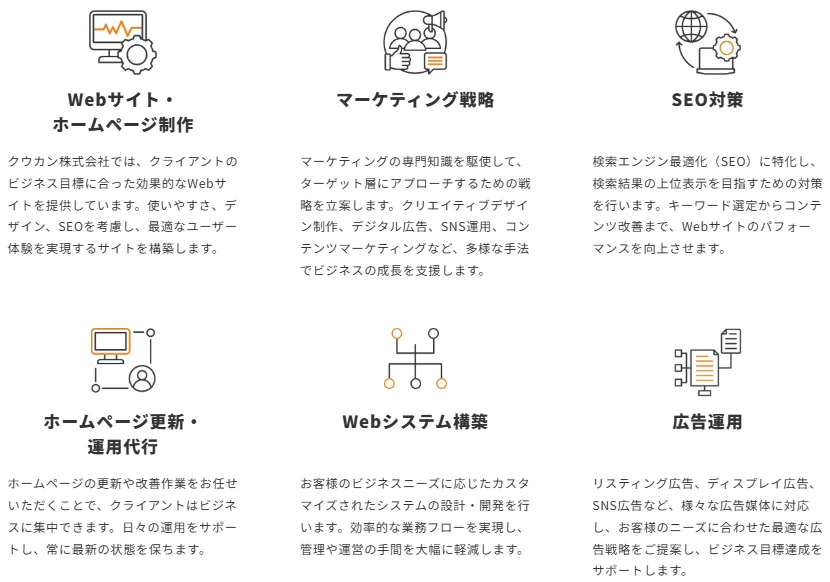 クウカン株式会社のWebサイト制作・マーケティング戦略などのサービス概要