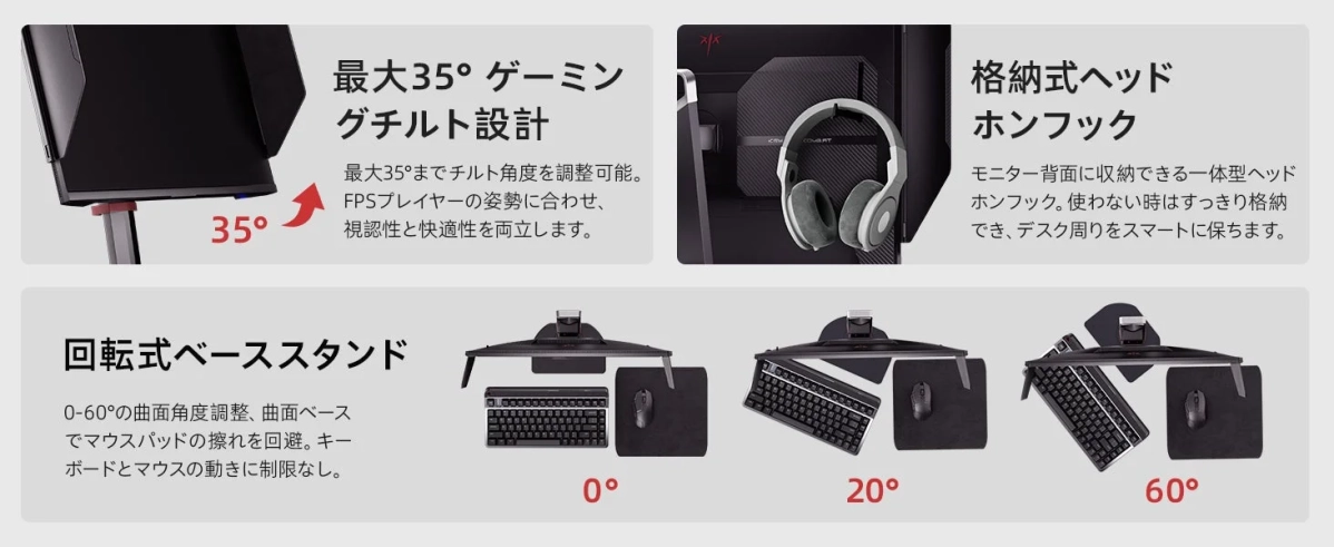 最大35° ゲーミングチルト設計