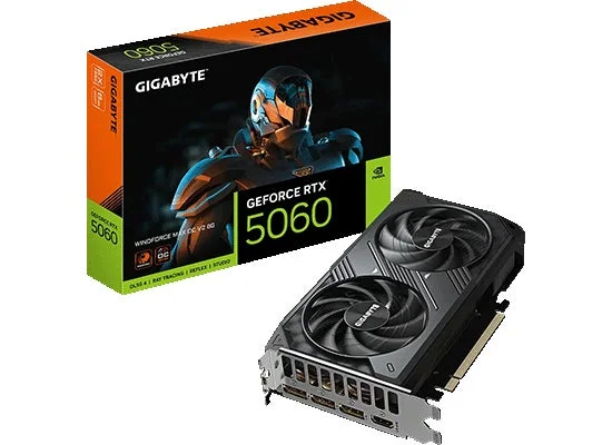 GIGABYTE製GEFORCE RTX 5060グラフィックボードとパッケージの画像です。