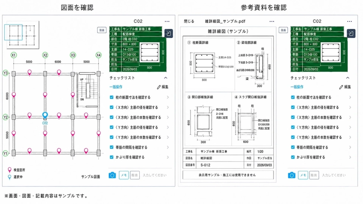 図面・参考資料を確認しながら、現場で検査