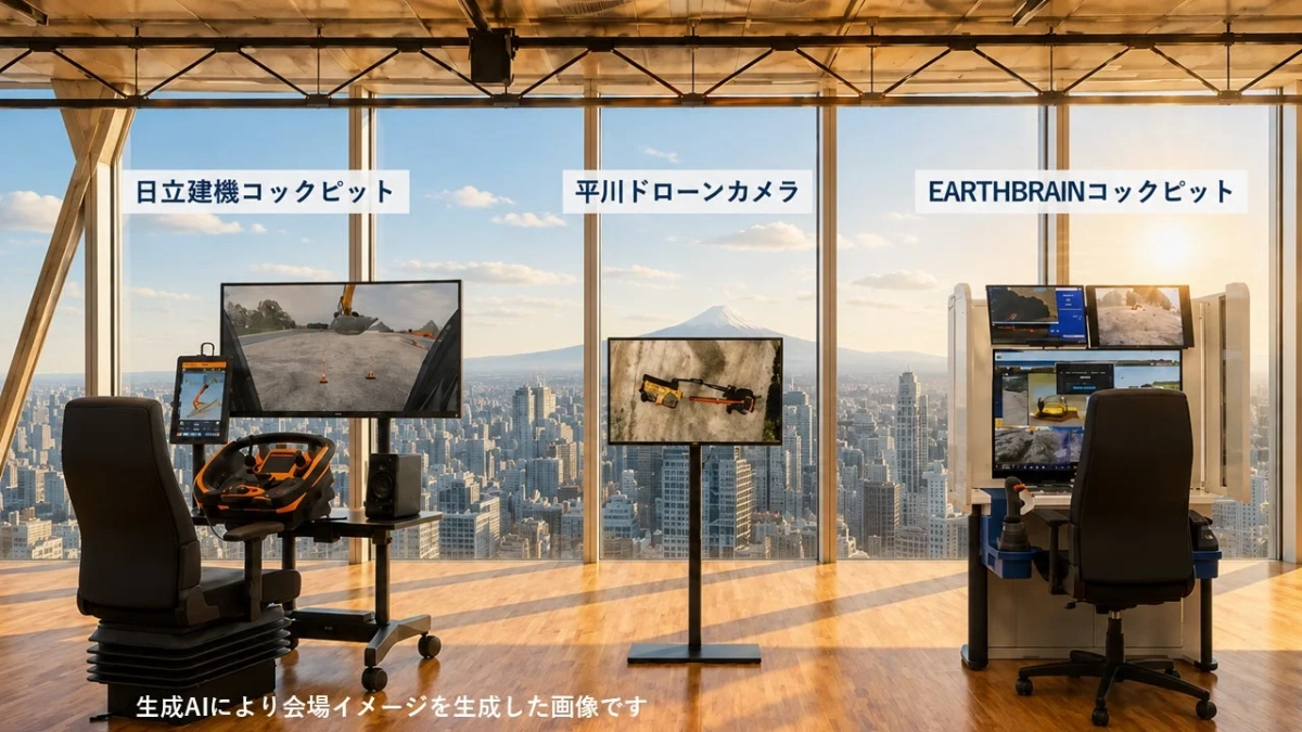 日立建機、平川ドローン、EARTHBRAINの遠隔操作コックピット