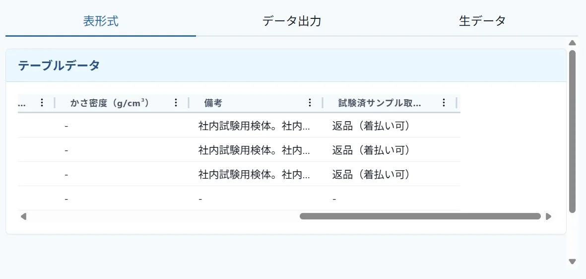 表形式 データ出力 生データ テーブルデータ