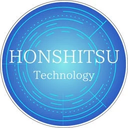青色の円形ロゴで、「HONSHITSU Technology」という文字が中央に配置されています。