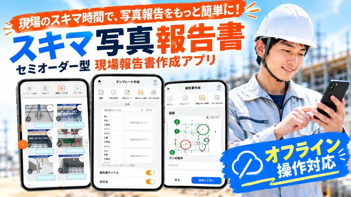 現場のスキマ時間で、写真報告をもっと簡単に! スキマ 写真報告書 セミオーダー型 現場報告書作成アプリ
